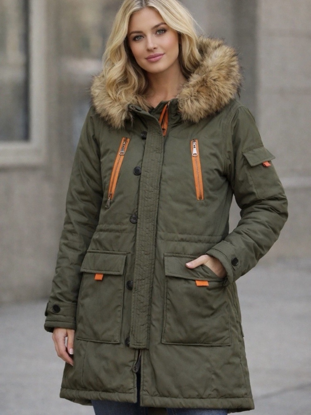 Women's Olive Green Hooded Puffer Coat missing Faux Fur Trim